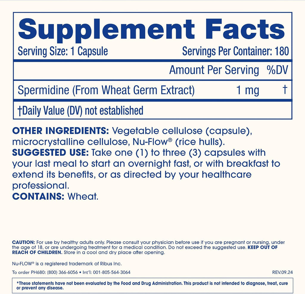 ProHealth Pure Spermidine 1 mg | 180 Cápsulas | Extracto de Germen de Trigo de Origen Vegetal para la Renovación Celular y Apoyo a la Autofagia | No Transgénico, Probado en Laboratorio, Certificado GMP