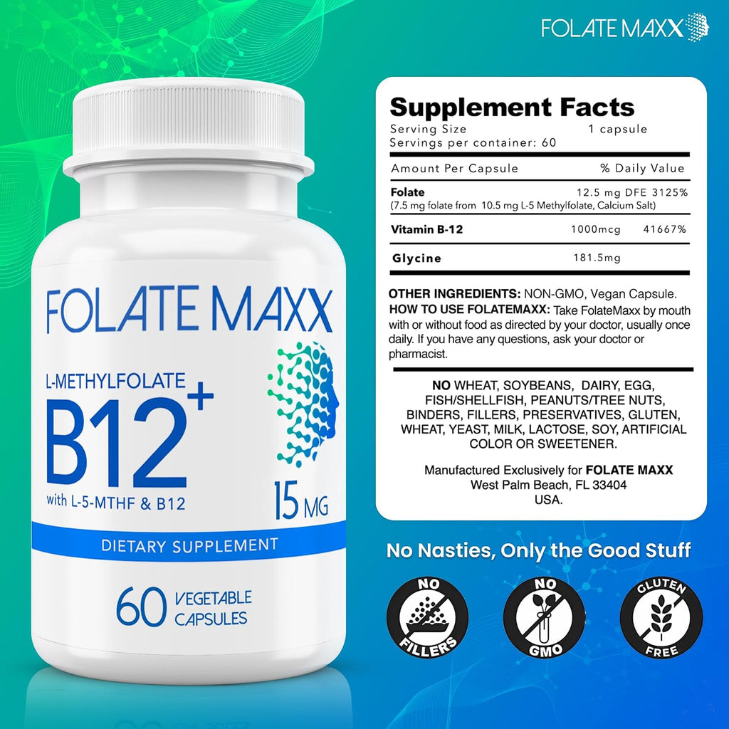 FolateMaxx L-Metilfolato 15 mg + B12 Metil - 60 Cápsulas - 5-MTHF con Metilcobalamina - Complemento para el Estado de Ánimo, Metilación y Cognición
