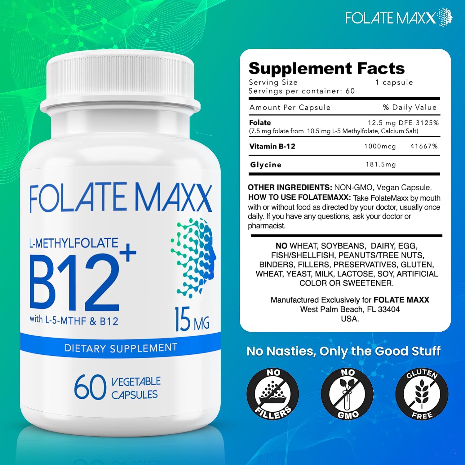 FolateMaxx L-Metilfolato 15mg + B12 Metilcobalamina - 60 Cápsulas - 5-MTHF con B12 para Metilación y Estado de Ánimo