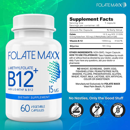 FolateMaxx L-Metilfolato 15mg + B12 Metilcobalamina - 60 Cápsulas - 5-MTHF con B12 para Metilación y Estado de Ánimo – Image 4