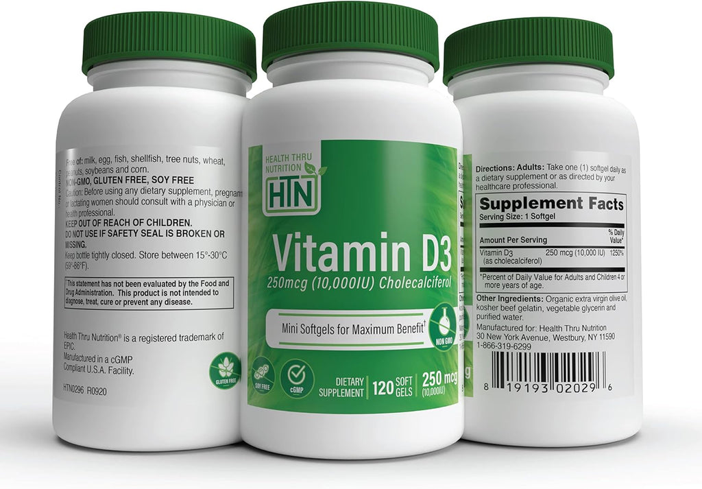 Vitamina D3 10.000 UI 120 Cápsulas Blandas - Health Thru Nutrition