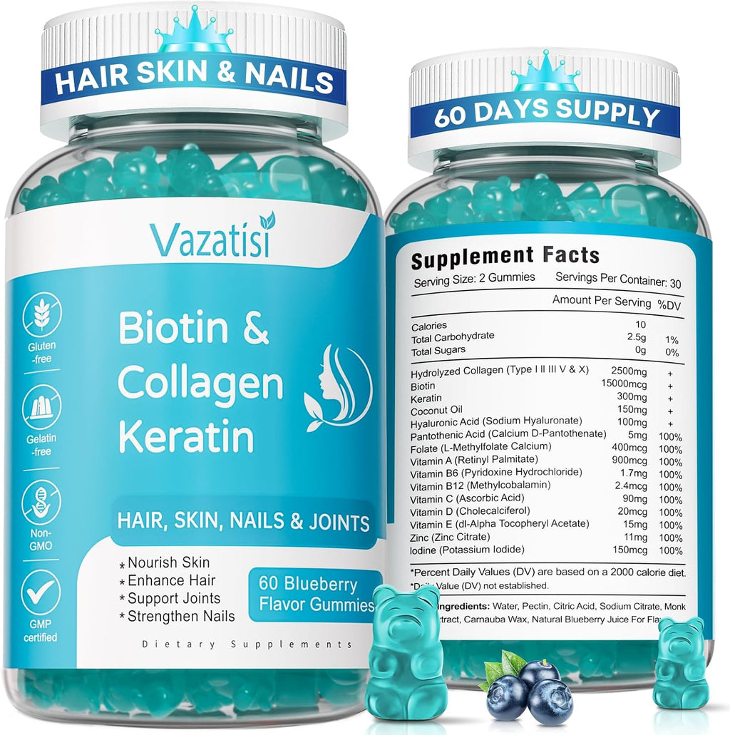 Vazatisi Gominolas de Biotina con Colágeno y Queratina para Cabello, Piel y Uñas - 60 unidades Sabor Arándano Azul
