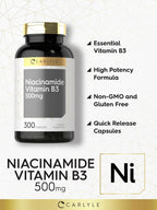 Carlyle Niacinamida 500 mg, 300 cápsulas - Suplemento de Vitamina B3