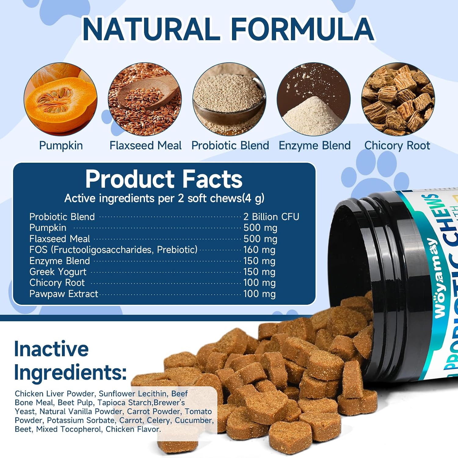 Woyamay Probióticos para Perros, 200 Snacks Blandos - Salud Digestiva e Inmunidad