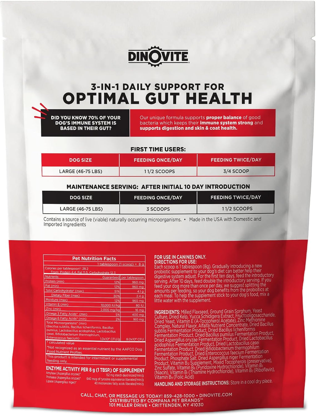 Dinovite Probióticos para Perros Grandes (45+ lb) - Complemento en Polvo con Omega-3, 30 Raciones