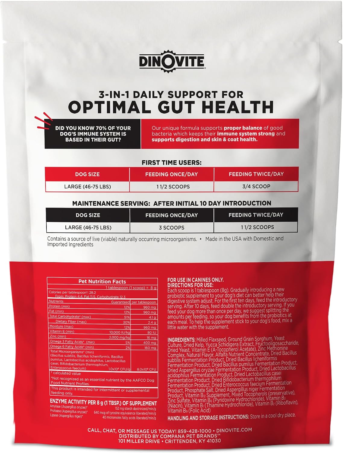 Dinovite Probióticos para Perros Grandes (45+ lb) - Complemento en Polvo con Omega-3, 30 Raciones