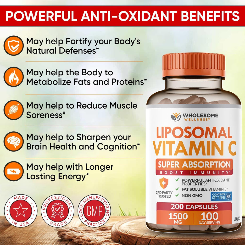 Wholesome Wellness Cápsulas de Vitamina C Liposomal (200 cápsulas, 1500 mg por dosis) Alta Absorción, Sin OGM, Vegano