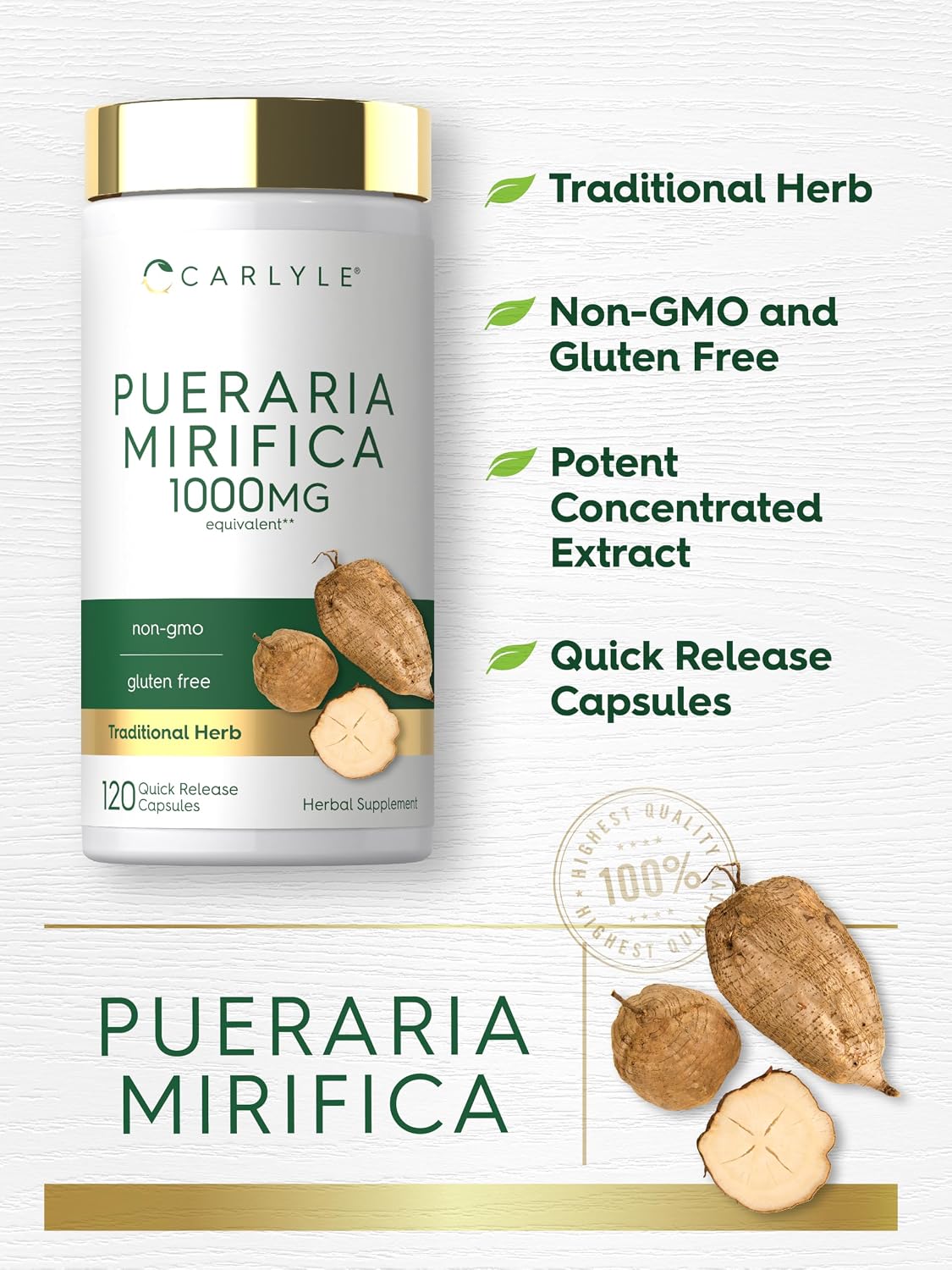 Carlyle Pueraria Mirifica Cápsulas | 120 unidades | Extracto de Raíz | Suplemento No-GMO y Sin Gluten