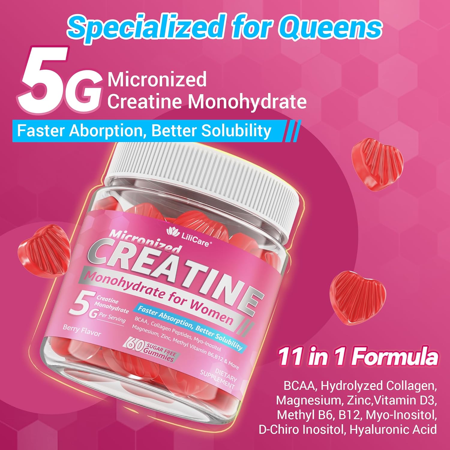 Gomitas de Creatina para Mujeres, Monohidrato de Creatina Micronizada + Mio-Inositol, Péptidos de Colágeno, BCAAs, Ácido Hialurónico, Vitamina B6 B12, Zinc para Energía, Enfoque y Equilibrio Hormonal, Sin Azúcar, 120 unidades