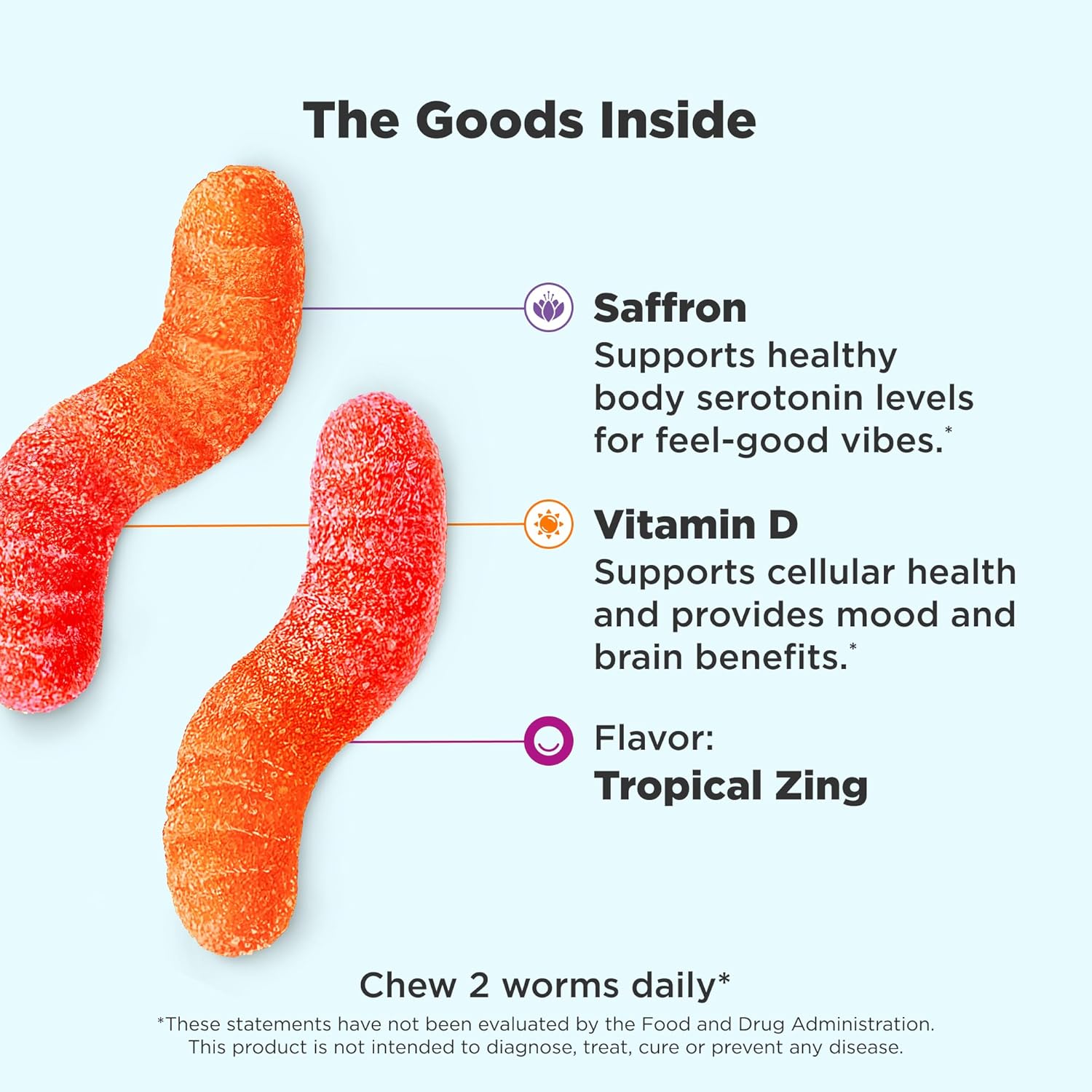 OLLY Hello Happy Gummy Worms - Gomitas de Apoyo al Ánimo con Extracto de Azafrán y Vitamina D, Sabor Tropical Zing, 60 unidades