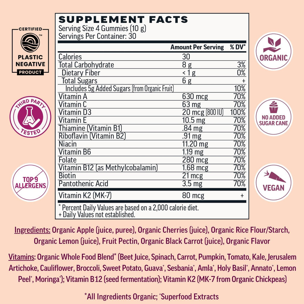 Llama Naturals Multivitamínico para Mujeres, Gomitas Veganas Orgánicas con Vitamina D, C y K, 120 unidades