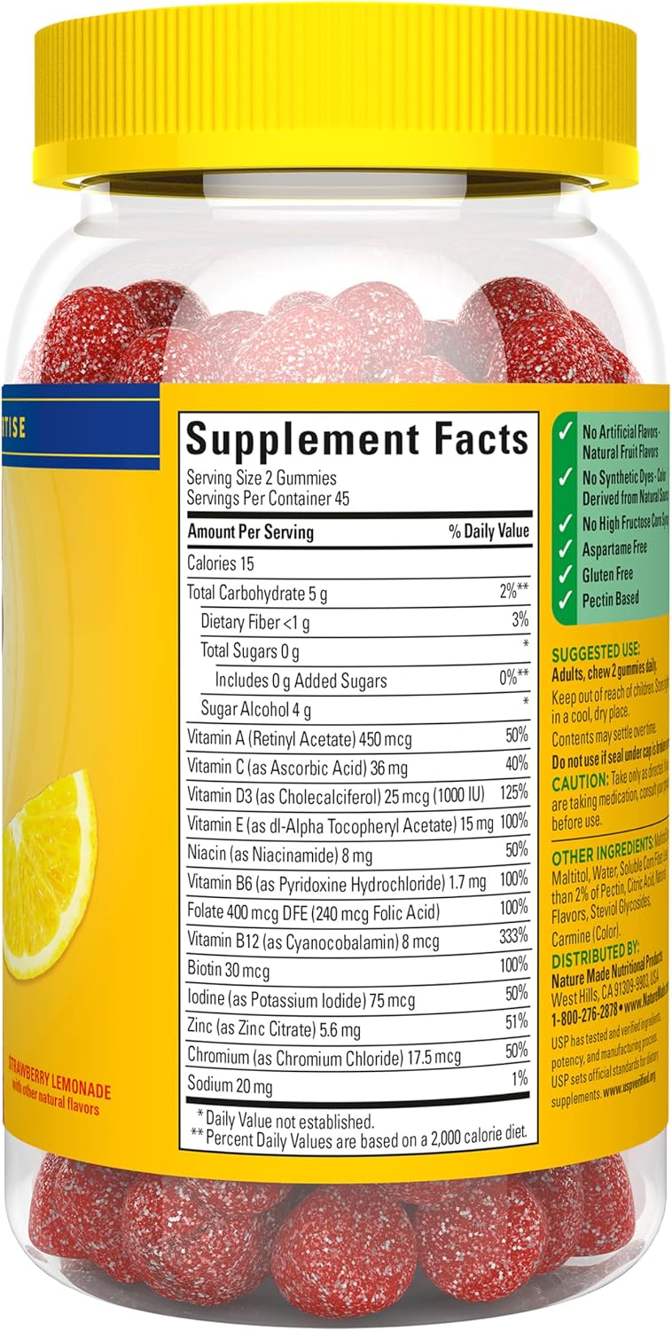 Nature Made Zero Sugar Multivitamin Gummies - Multivitamínico sin azúcar para hombres y mujeres - 90 gomitas (45 días)