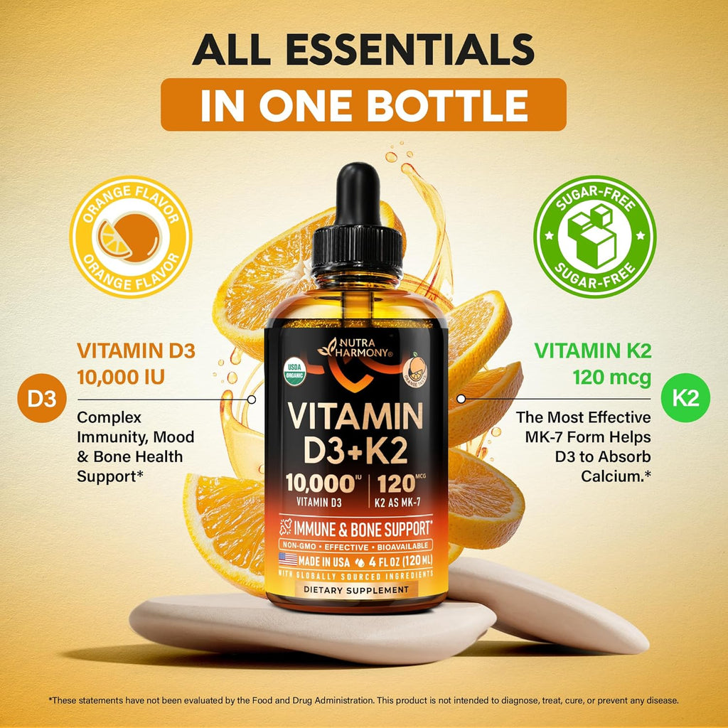 NUTRAHARMONY Gotas Orgánicas de Vitamina D3 y K2 - 10000 UI D3 + 120 mcg K2 MK-7 - Sabor Naranja - Sin Azúcar - 118 ml