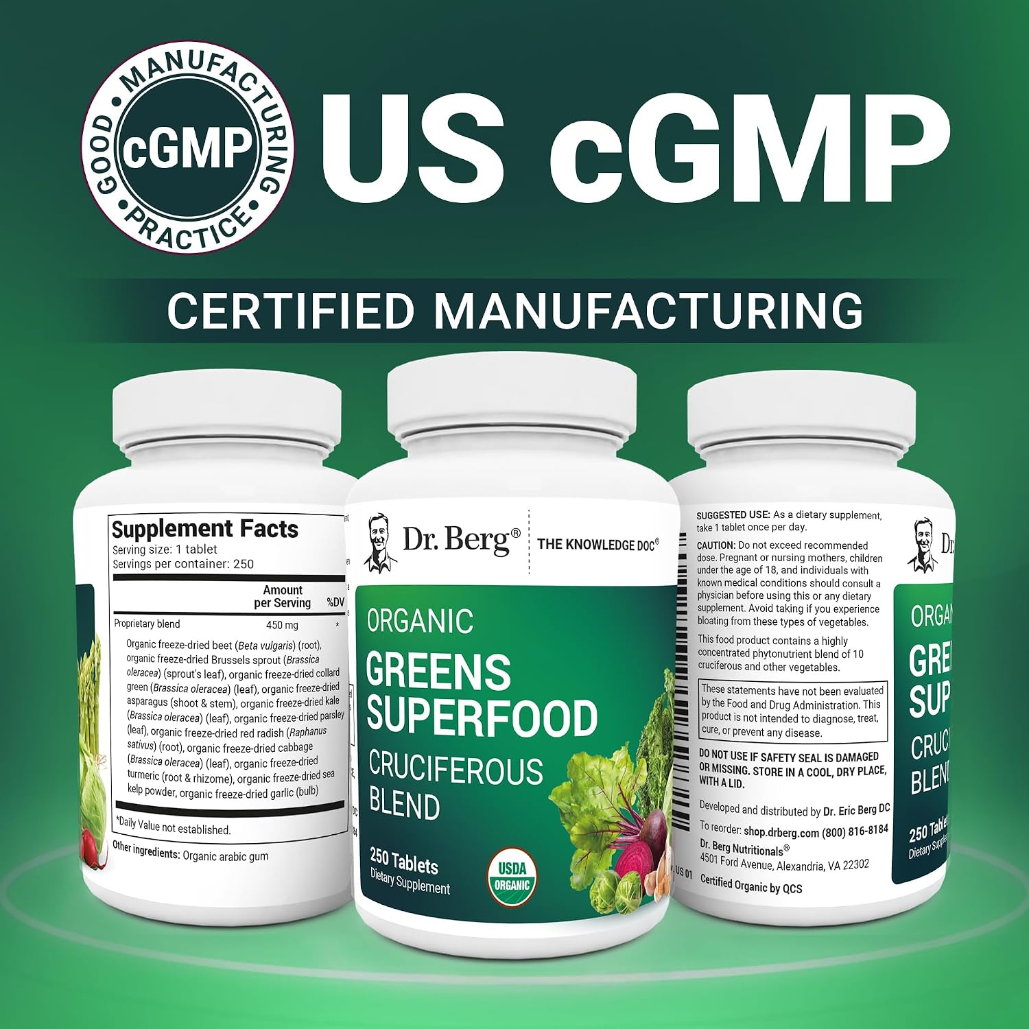 Dr. Berg's Greens Superfood Cruciferous Vegetable Tablets - 250 Comprimidos