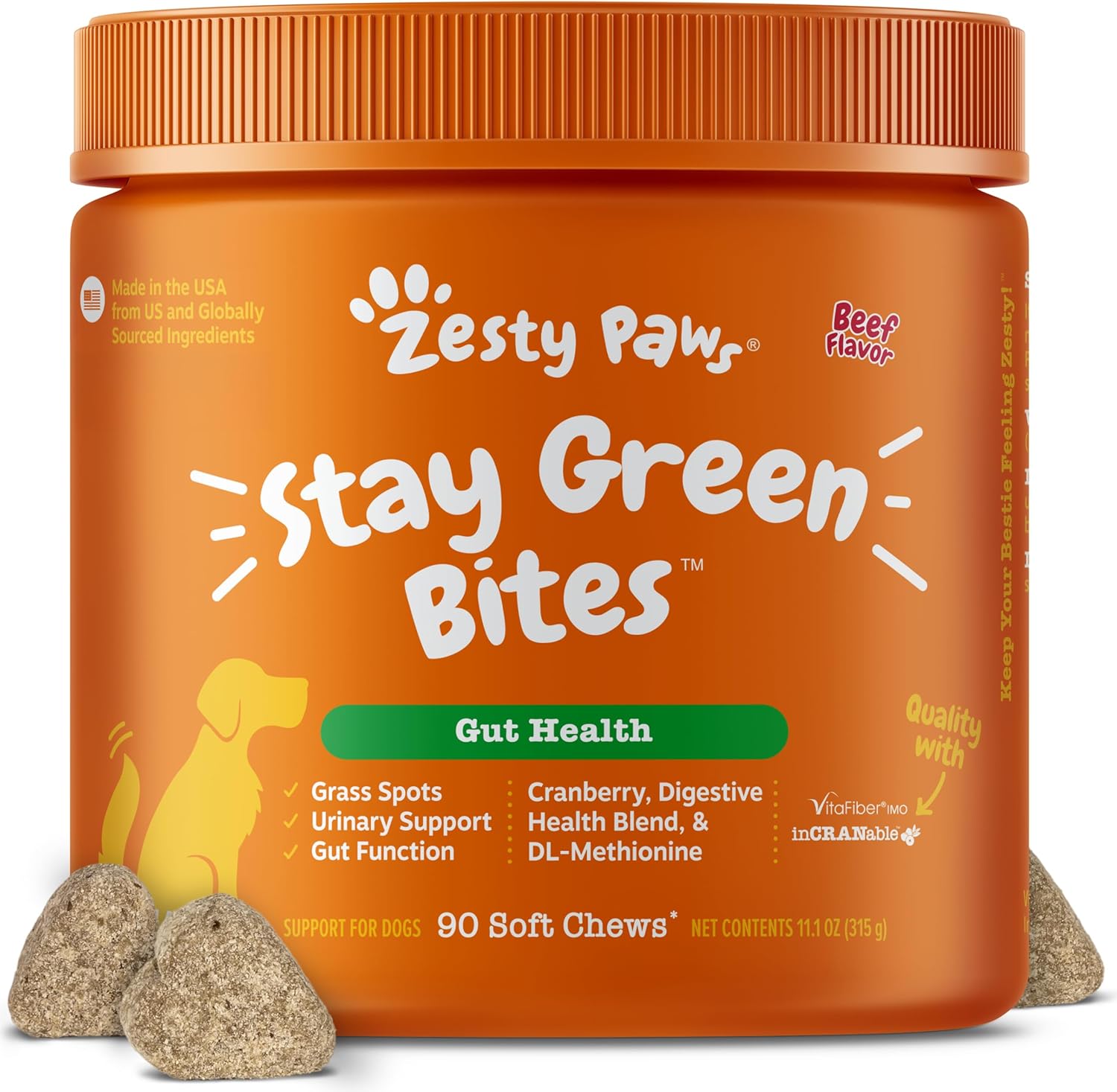 Zesty Paws Stay Green Bites - Snacks blandos para perros contra manchas de césped por orina - Sabor a pollo - 90 unidades