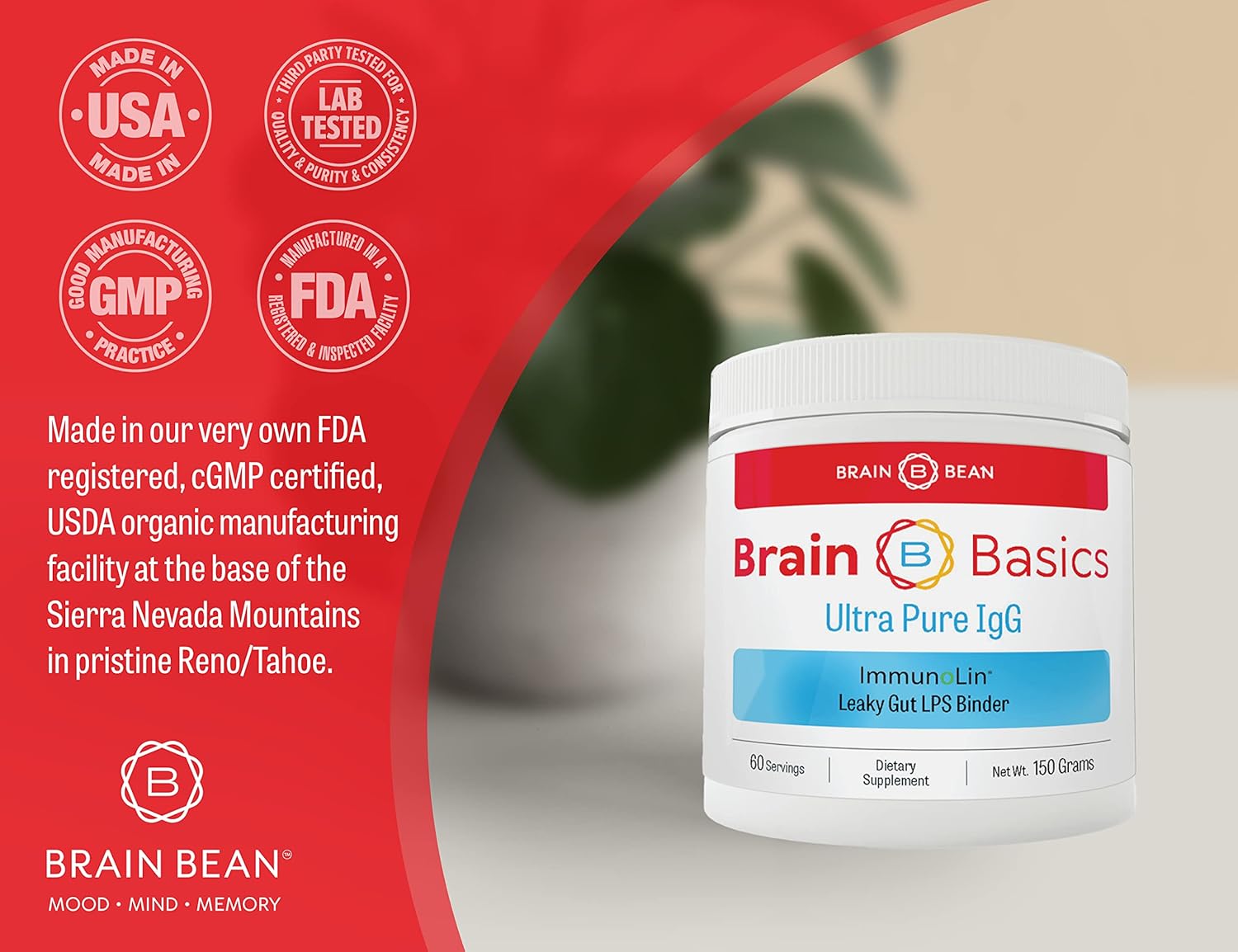 Brain Basics Ultra Pure IgG Supplement - Complemento de IgG Immunolin en Polvo, Sin Lácteos, con Vitaminas y Minerales, 150g, 60 Dosis
