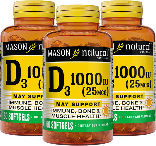 Mason Natural Vitamina D3 1000 UI (25 mcg) de Aceite de Hígado de Pescado, 180 Cápsulas (3 Envases de 60)