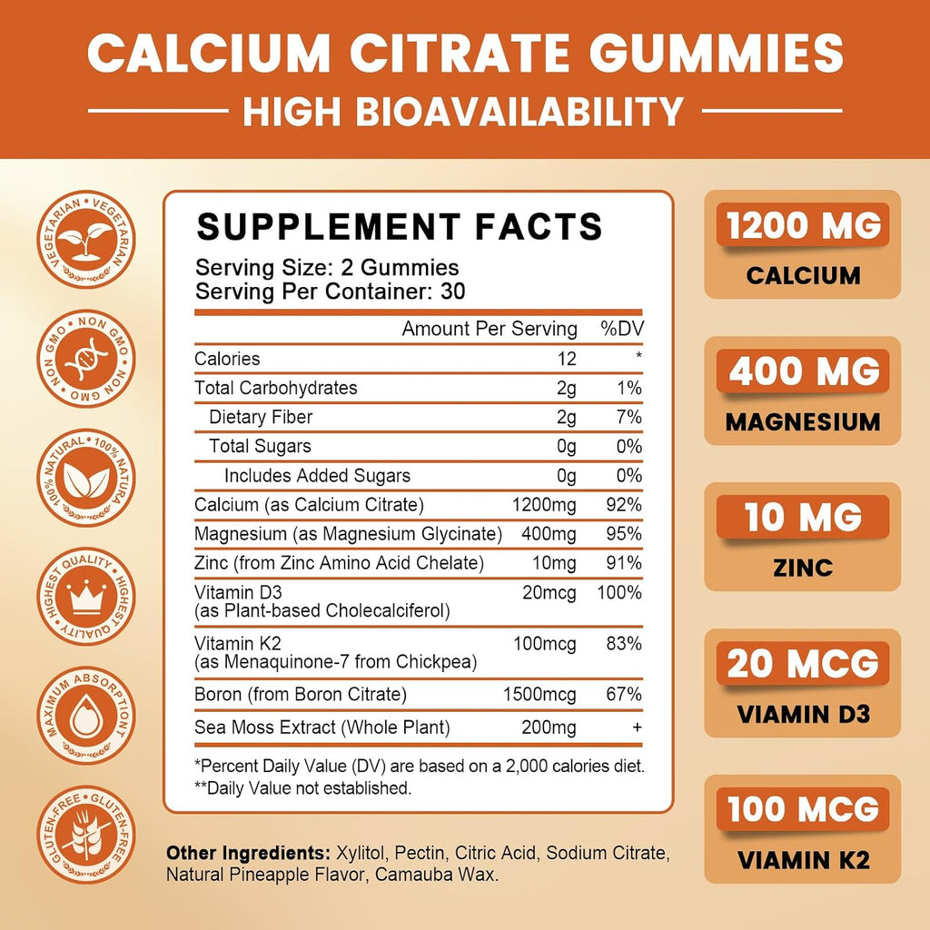 GONGOTA Gominolas de Citrato de Calcio 1200 mg con Vitamina D3 - Apoyo para Huesos, Músculos y Articulaciones - Sin Azúcar, Sabor Piña - 120 Gominolas