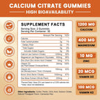 GONGOTA Gominolas de Citrato de Calcio 1200 mg con Vitamina D3 - Apoyo para Huesos, Músculos y Articulaciones - Sin Azúcar, Sabor Piña - 120 Gominolas