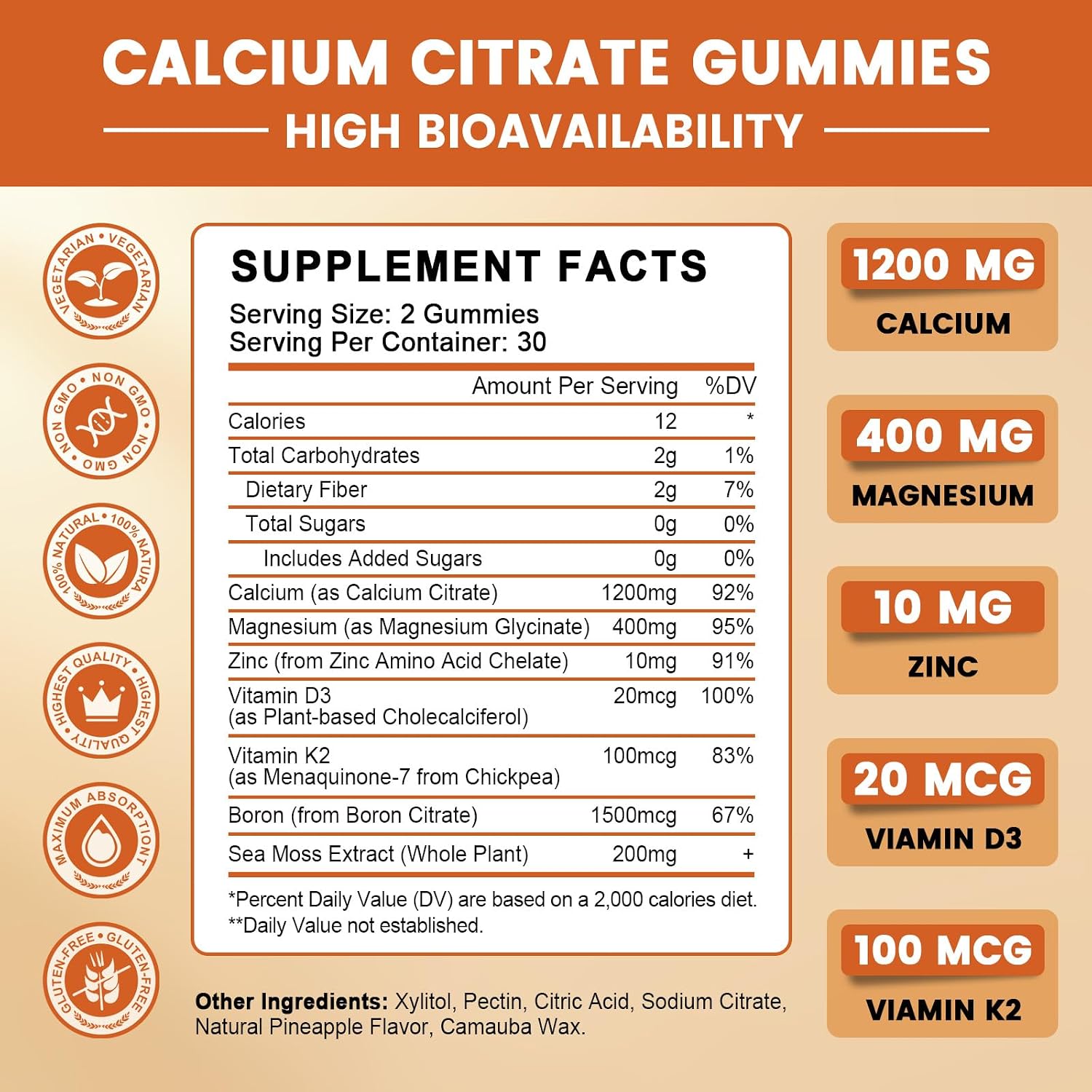 GONGOTA Gominolas de Citrato de Calcio 1200 mg con Vitamina D3 - Apoyo para Huesos, Músculos y Articulaciones - Sin Azúcar, Sabor Piña - 120 Gominolas