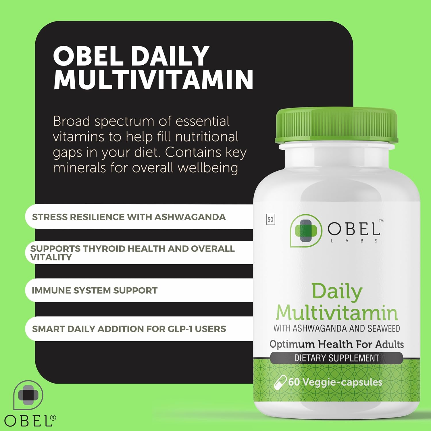 obel Daily Multivitamin con Ashwagandha y Algas | Multivitamínico Completo para Hombres y Mujeres | 60 Cápsulas