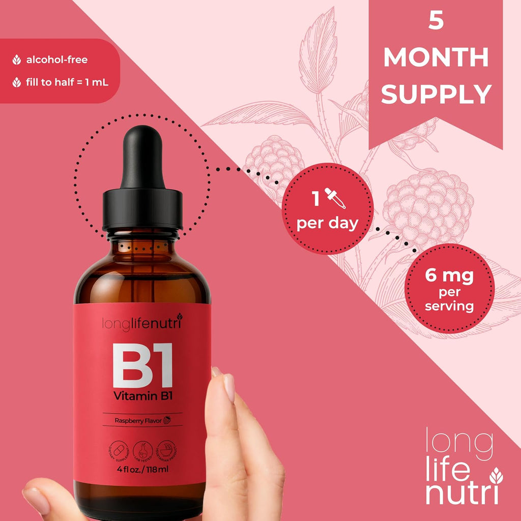 LongLifeNutri Vitamina B1 Gotas Líquidas - Tiamina Mononitrato para Energía y Salud Nerviosa, Absorción Rápida, 118 ml, 5 Meses de Suministro