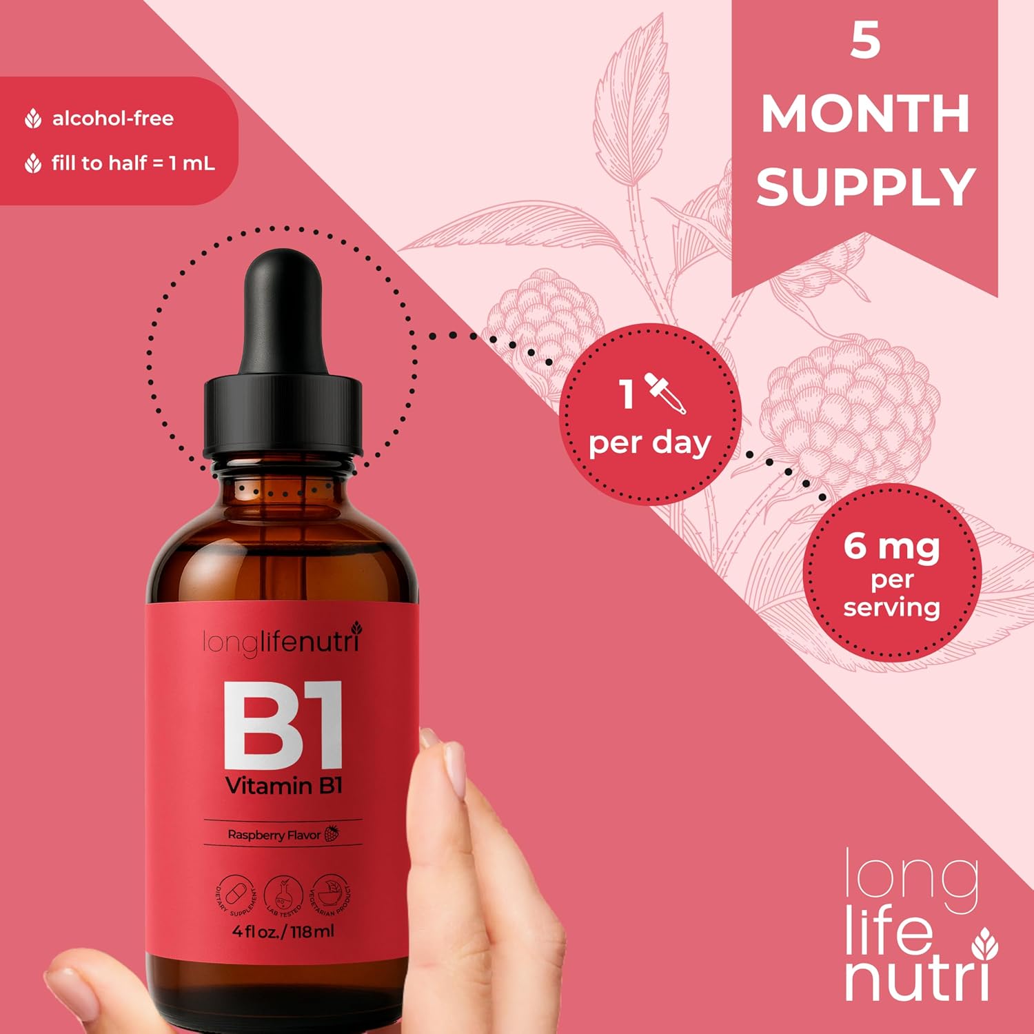 LongLifeNutri Vitamina B1 Gotas Líquidas - Tiamina Mononitrato para Energía y Salud Nerviosa, Absorción Rápida, 118 ml, 5 Meses de Suministro