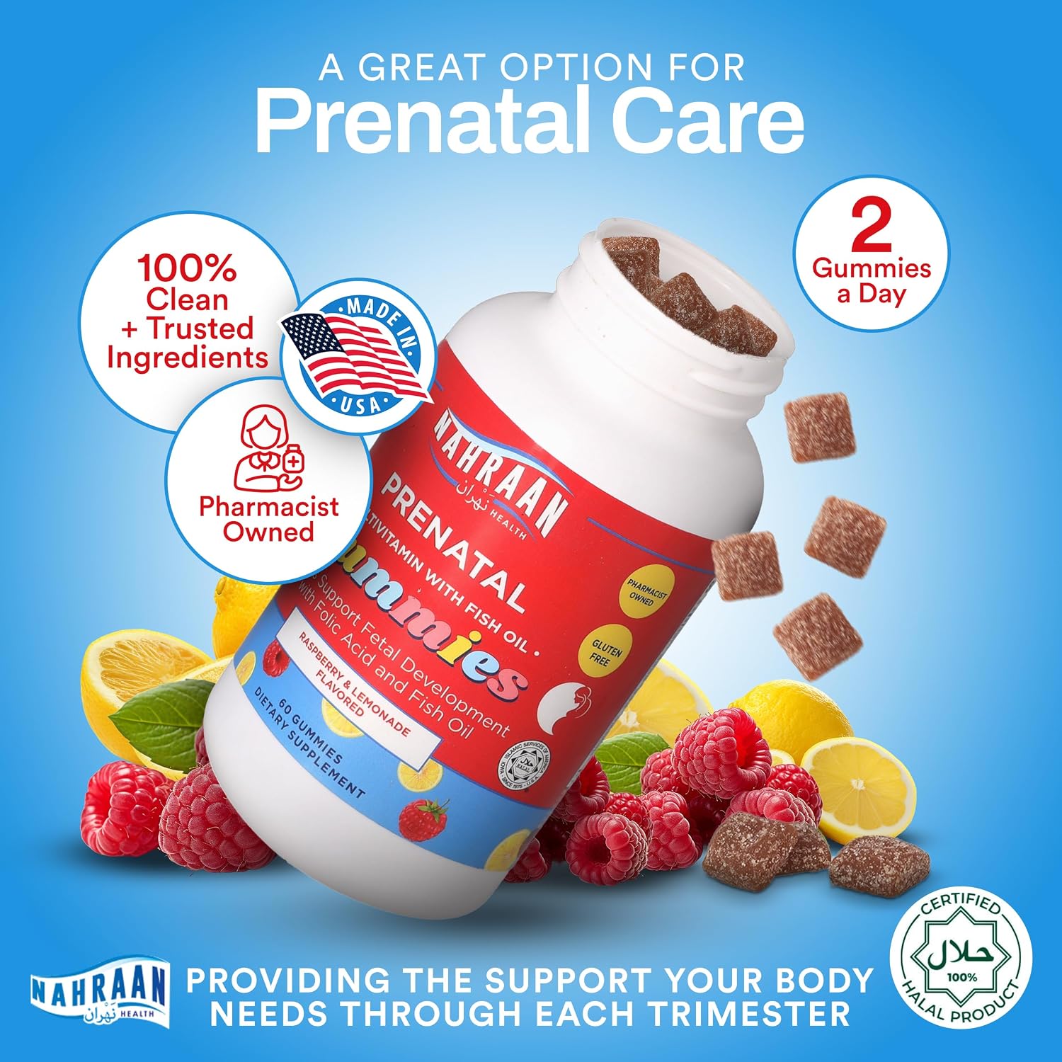 NAHRAAN HEALTH Gominolas Prenatales Halal con DHA y Ácido Fólico - 60 Gominolas, 30 Días