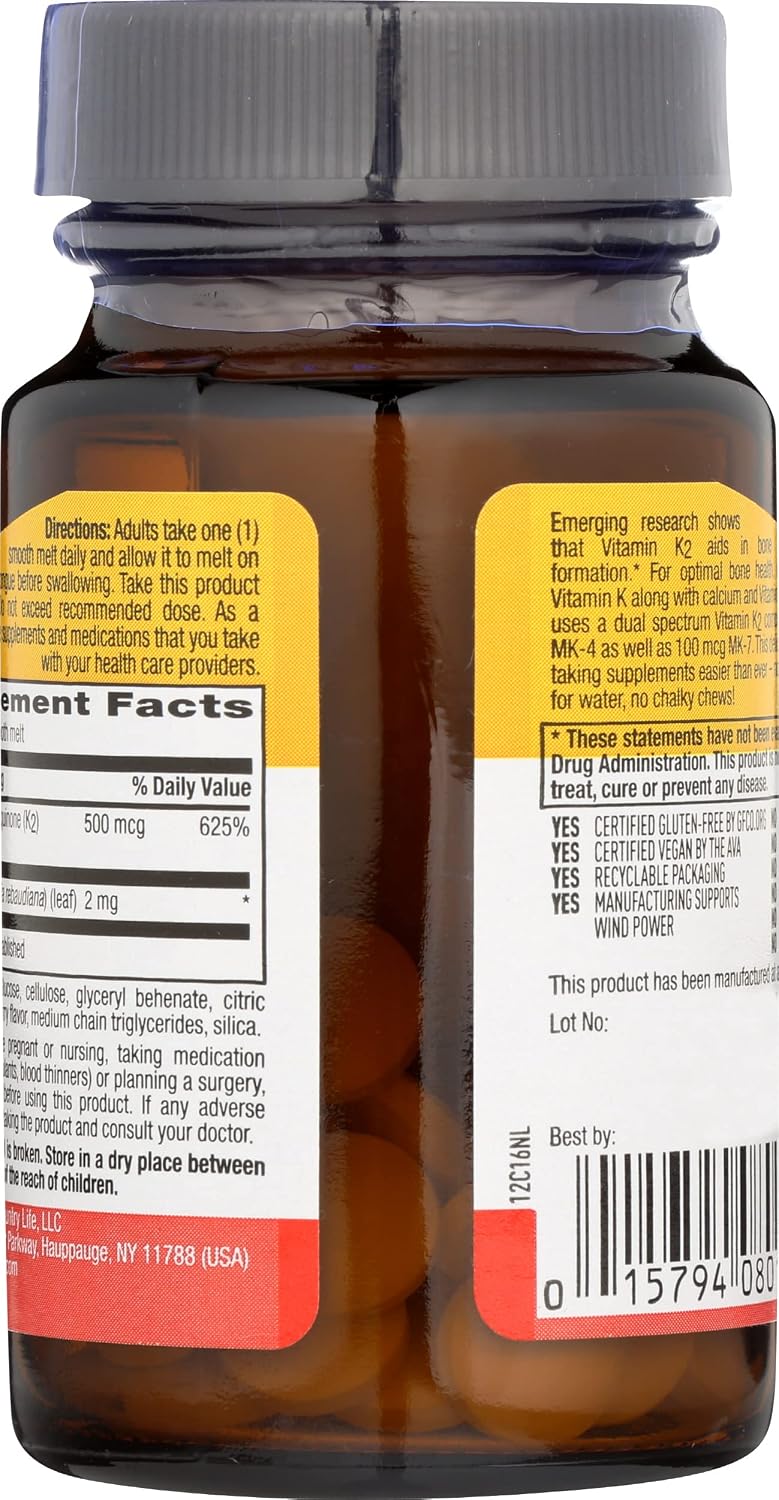 Country Life Vegan K2 Melts 500 mcg – 60 Comprimidos de Fusión Veganos