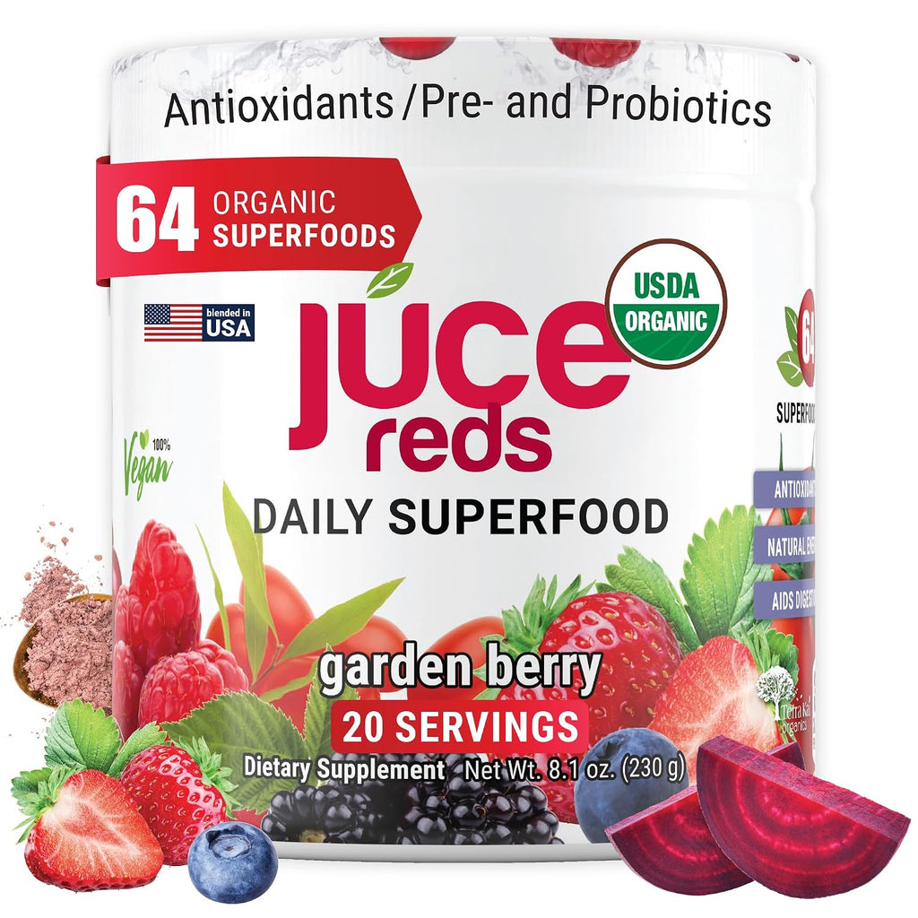 Terra Kai Organics JUCE Reds Superalimento Orgánico en Polvo - Sabor Garden Berry (230g)