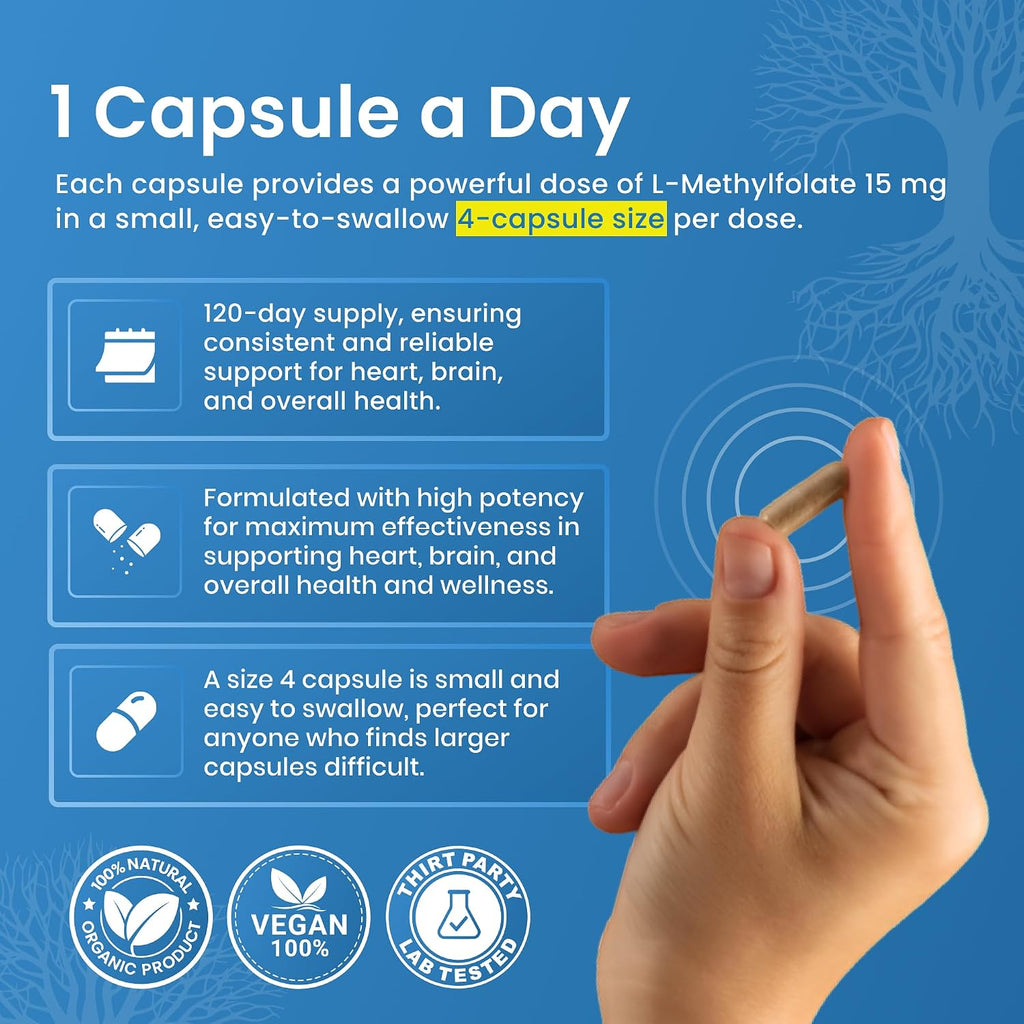 L-Metilfolato 15 mg, 120 cápsulas - Metilfolato altamente biodisponible, complemento alimenticio para ayudar al estado de ánimo y al sistema inmunológico