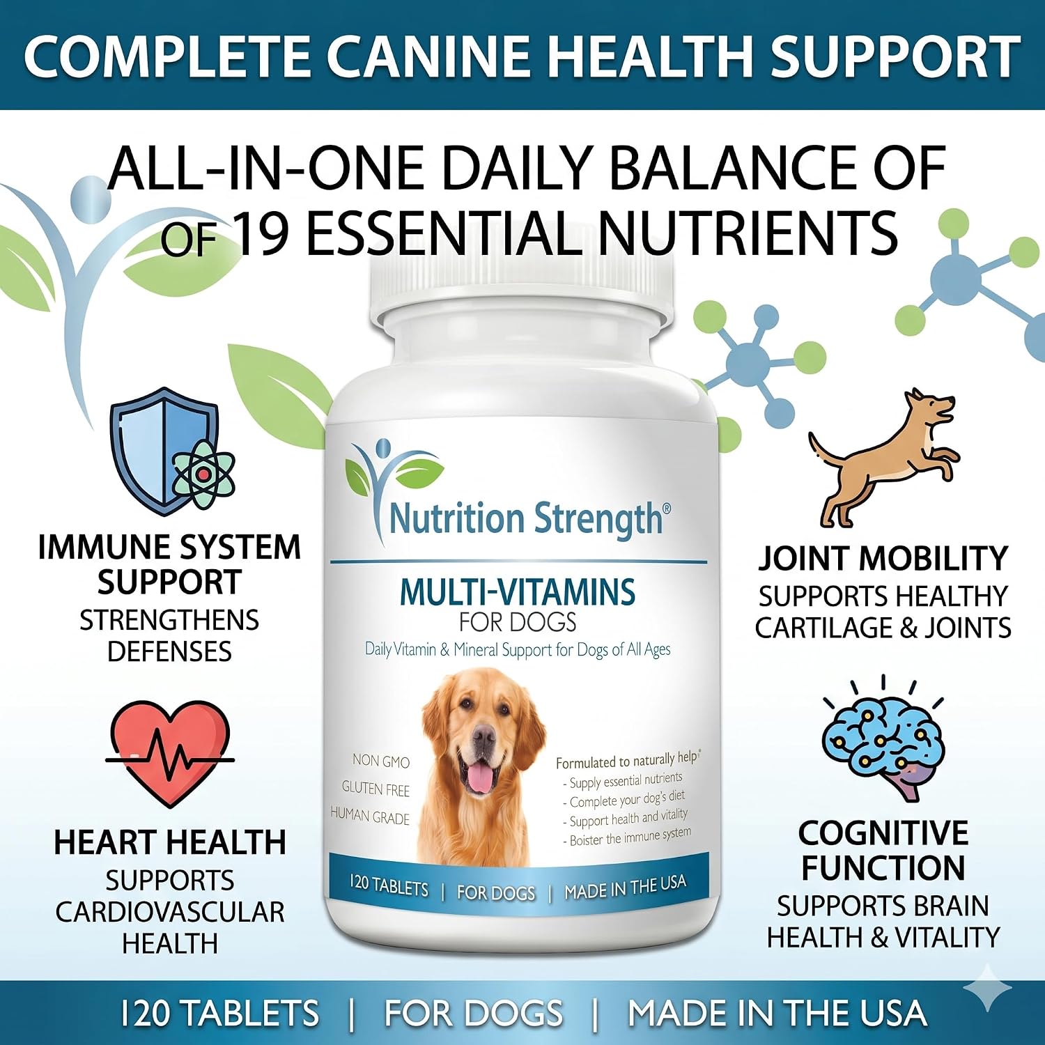 Multivitamínicos para perros, apoyo vitamínico y mineral diario, suplemento nutricional para todas las razas y tamaños, promueve la salud inmunológica, 120 comprimidos masticables