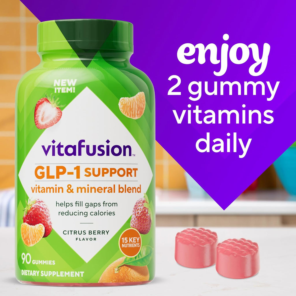 vitafusion GLP-1 Support Multivitamínico, Mezcla de Vitaminas y Minerales, 15 Nutrientes Esenciales, Sabor Cítricos y Bayas, 90 Gominolas, 45 Días