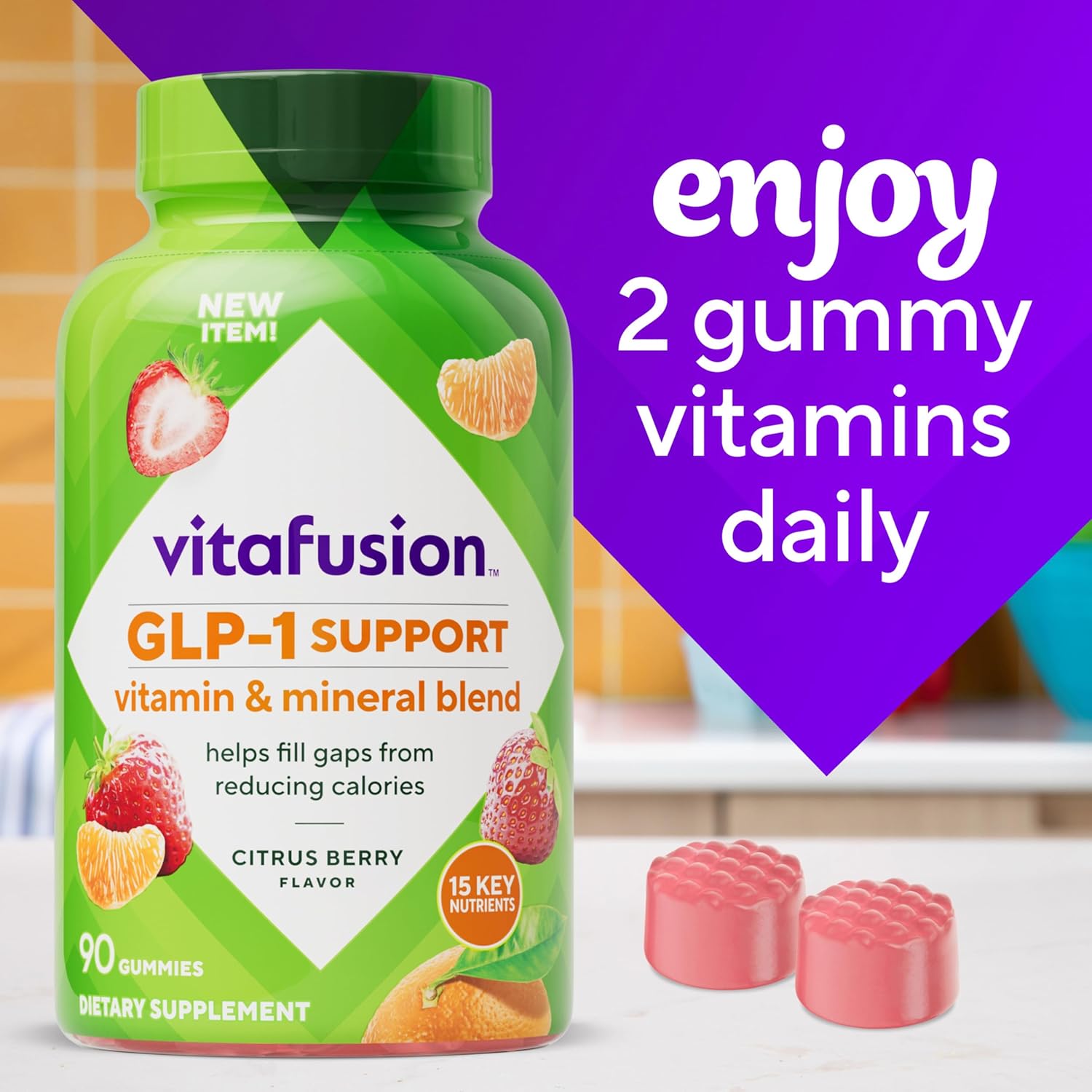 vitafusion GLP-1 Support Multivitamínico, Mezcla de Vitaminas y Minerales, 15 Nutrientes Esenciales, Sabor Cítricos y Bayas, 90 Gominolas, 45 Días