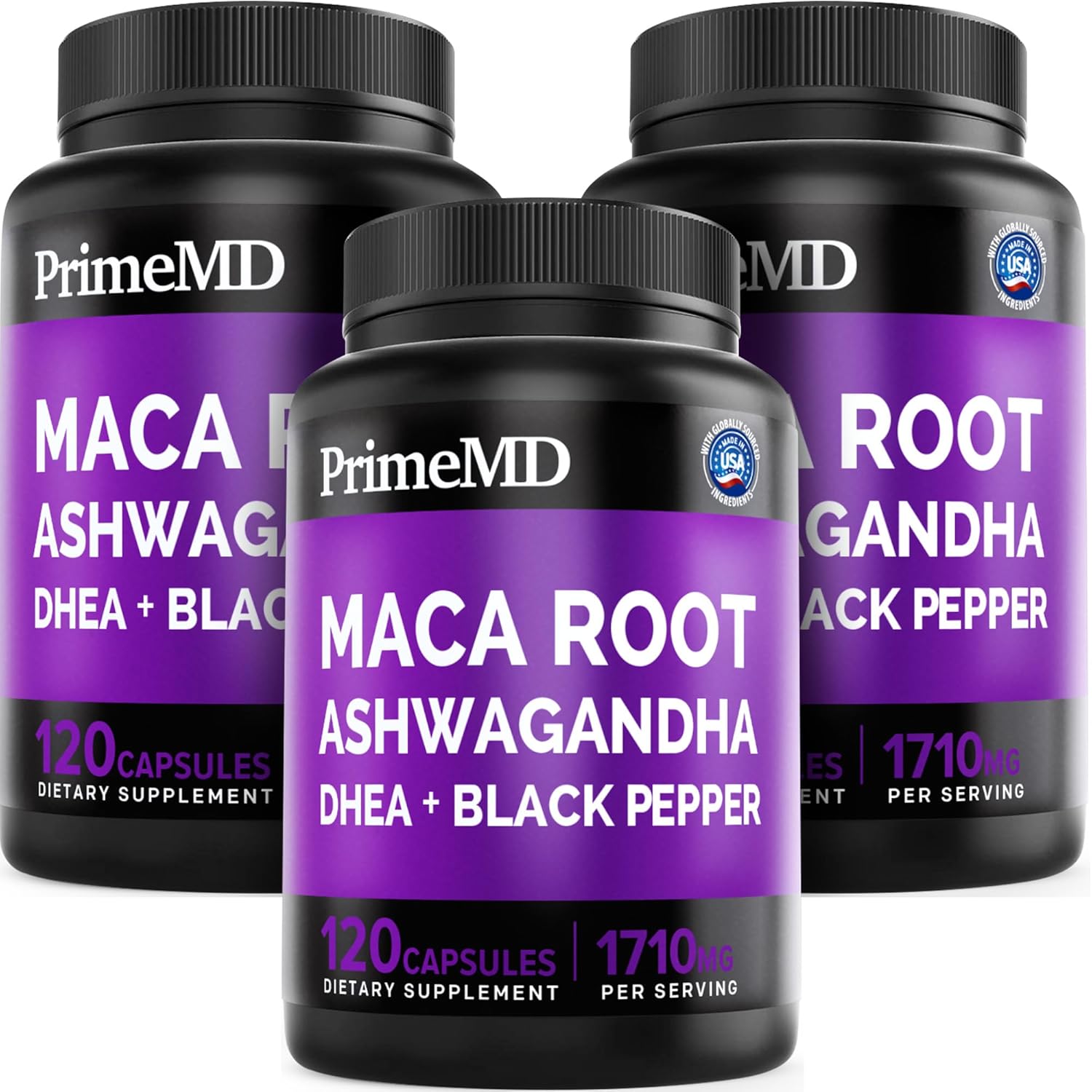 PrimeMD 6 en 1 Maca orgánica, Ashwagandha y DHEA en cápsulas 1710 mg con extracto de pimienta negra - Suplemento de maca negra para hombres y mujeres, 120 cápsulas (Pack de 3)