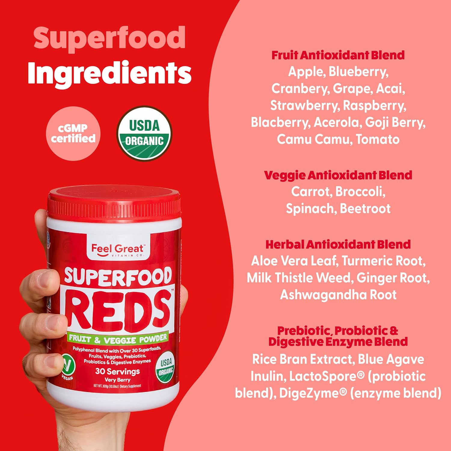 Feel Great Organic Superfood Reds Powder - Remolacha, Frutas y Verduras - Apoyo Digestivo y Antioxidante