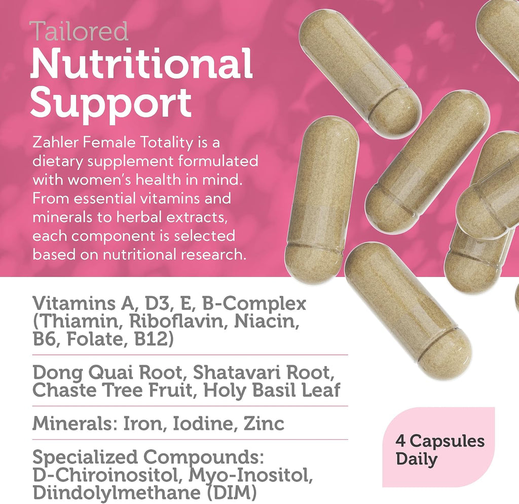 Zahler Female Totality, Suplemento de Fertilidad para Mujeres, Vitaminas Prenatales, Certificado Kosher, 120 Cápsulas