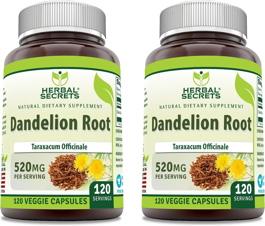 Herbal Secrets Diente de León Raíz 520 mg Cápsulas Vegetales | No GMO | Sin Gluten | Fabricado en EUA (120 Cápsulas, 2 Paquetes)