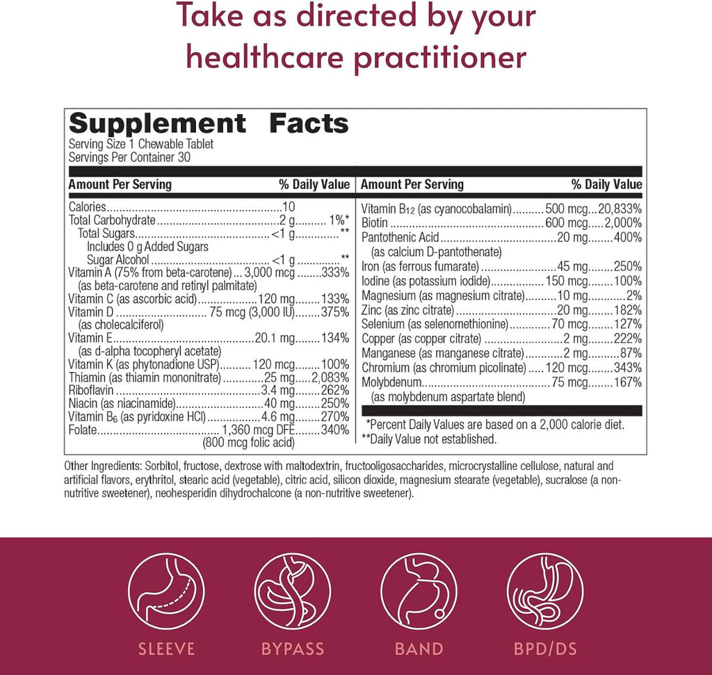Bariatric Advantage Chewable Ultra Solo con Hierro - Multivitamínico Diario para Pacientes Bariátricos - 30 Comprimidos - Cítrico