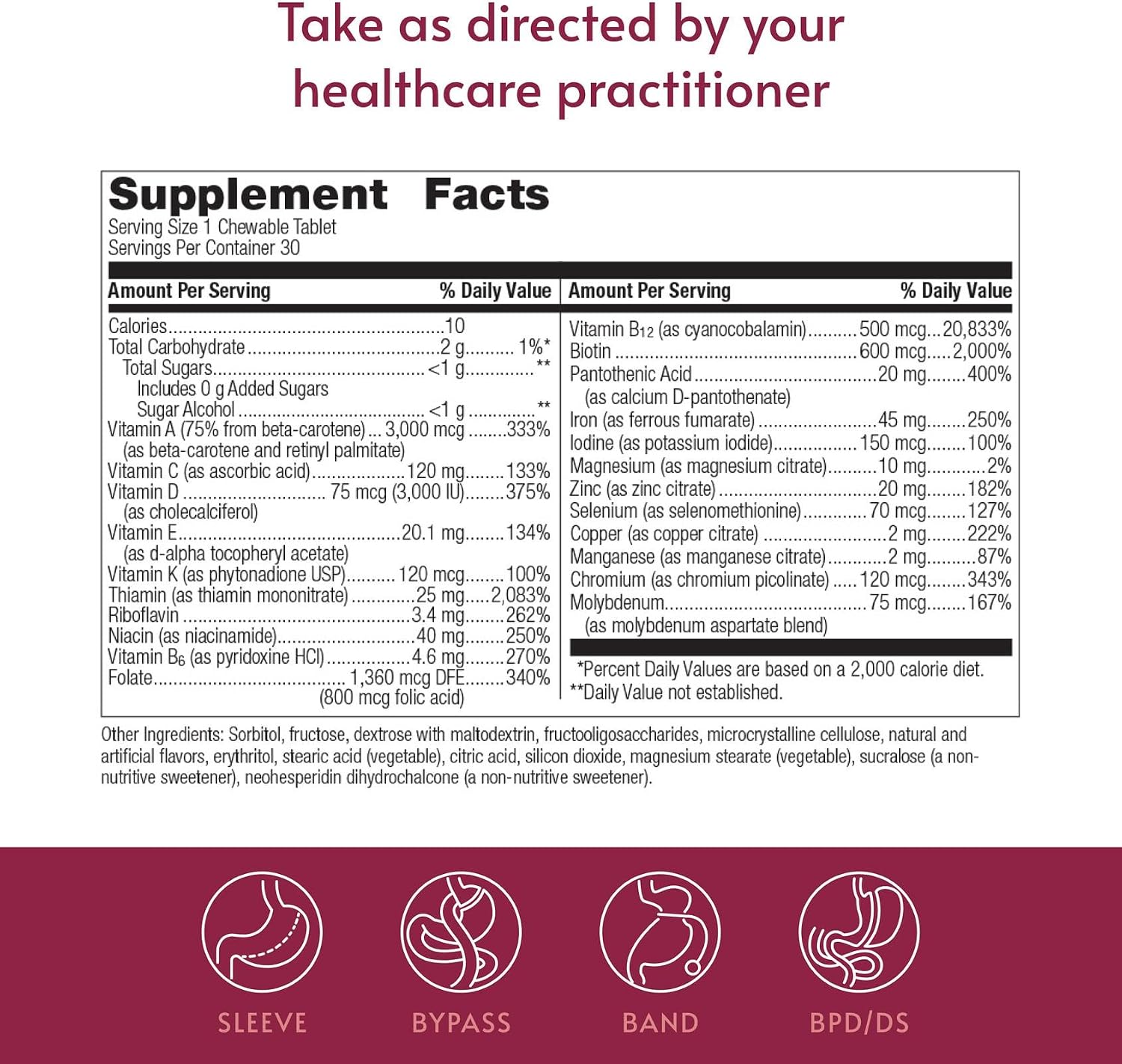 Bariatric Advantage Chewable Ultra Solo con Hierro - Multivitamínico Diario para Pacientes Bariátricos - 30 Comprimidos - Cítrico