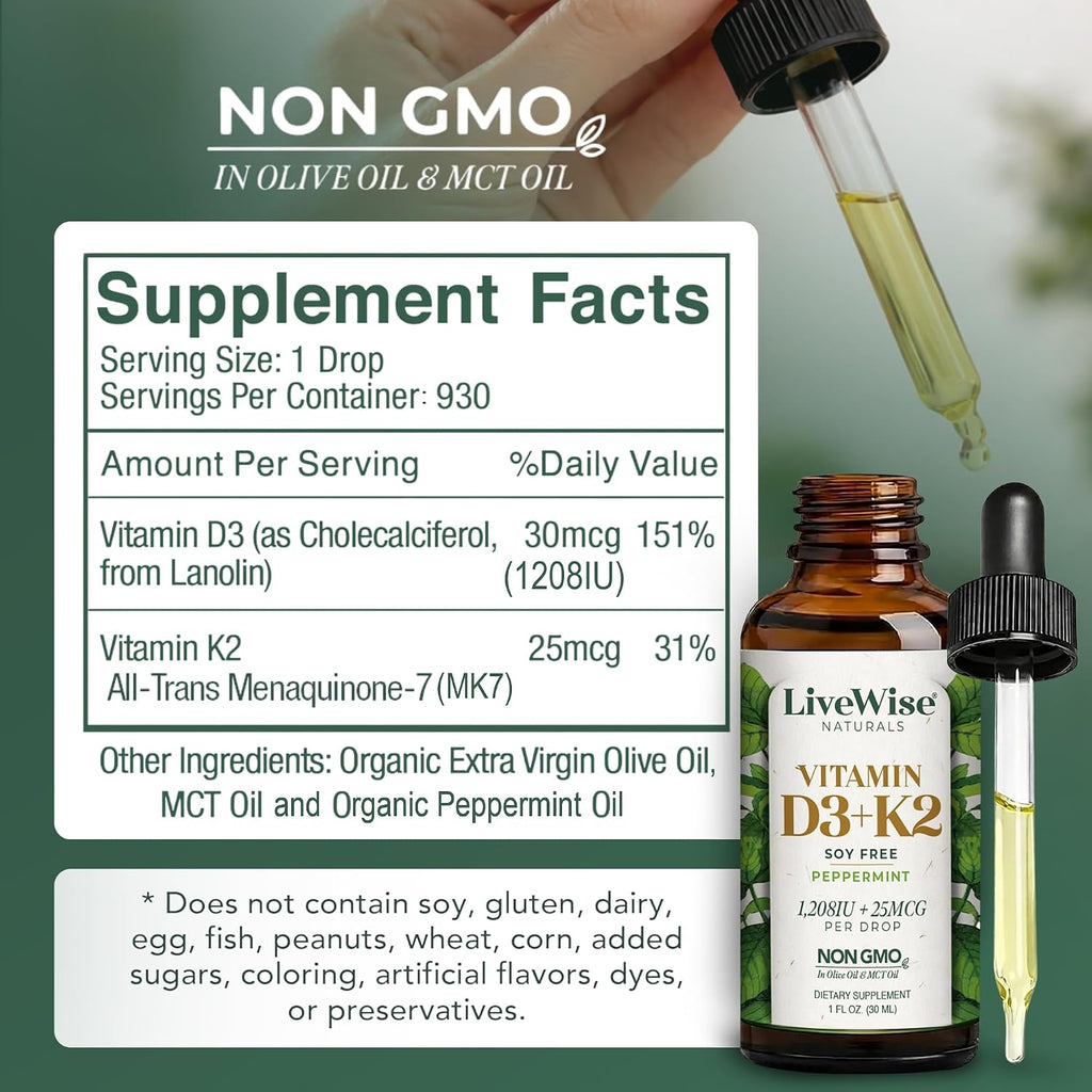 Live Wise Naturals Vitamin D3 K2 (MK-7) Mint Drops for Adults | 930 Drops, Ultra Concentrated Formula, 1208 IU, 25 MCG, Customizable Microdose Dropper, Calcium and Bone Support