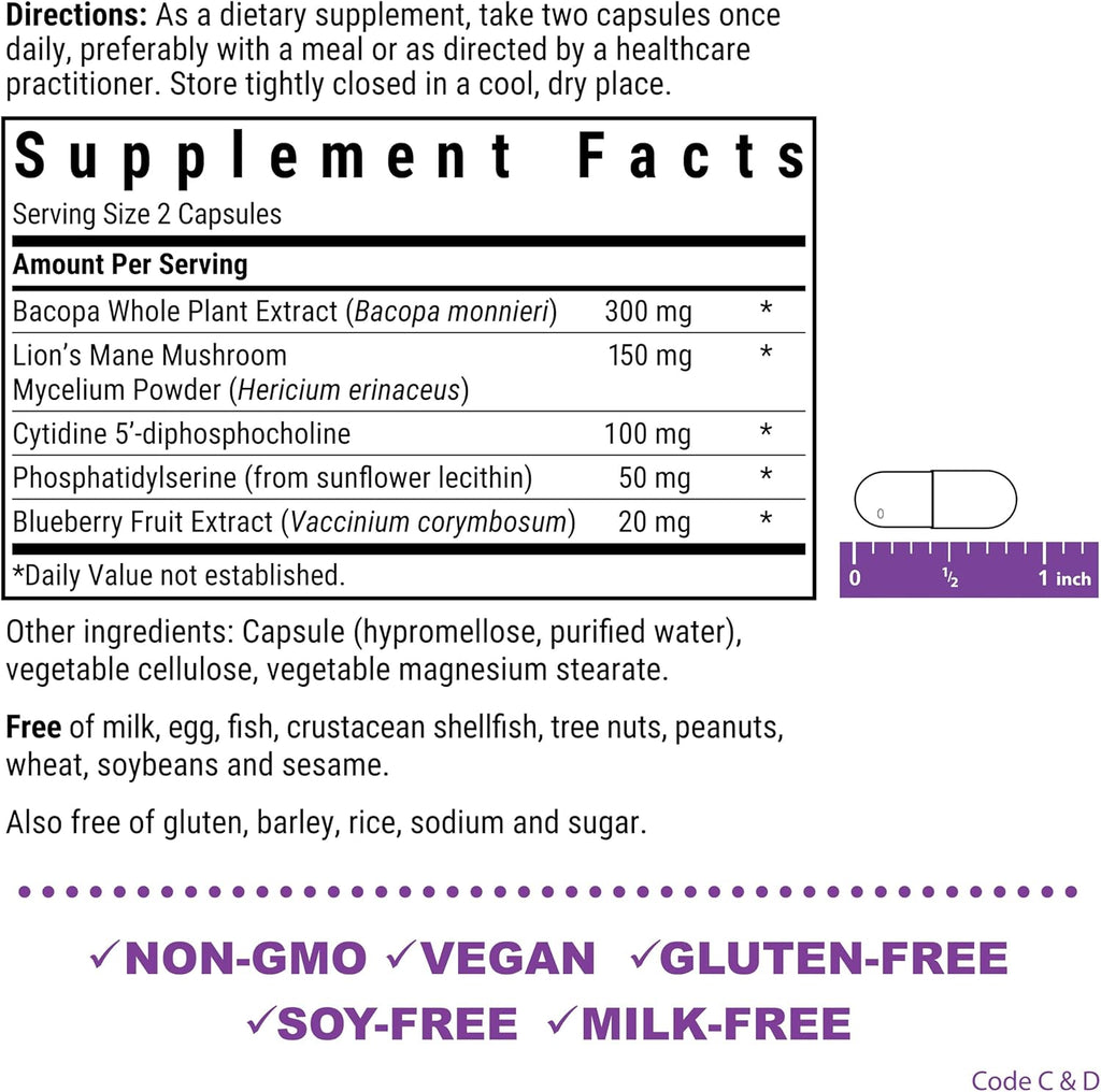 Bluebonnet BrainPower – Mezcla nootrópica de origen natural para la salud cerebral – Vegano, sin gluten, sin estimulantes – 60 cápsulas vegetales