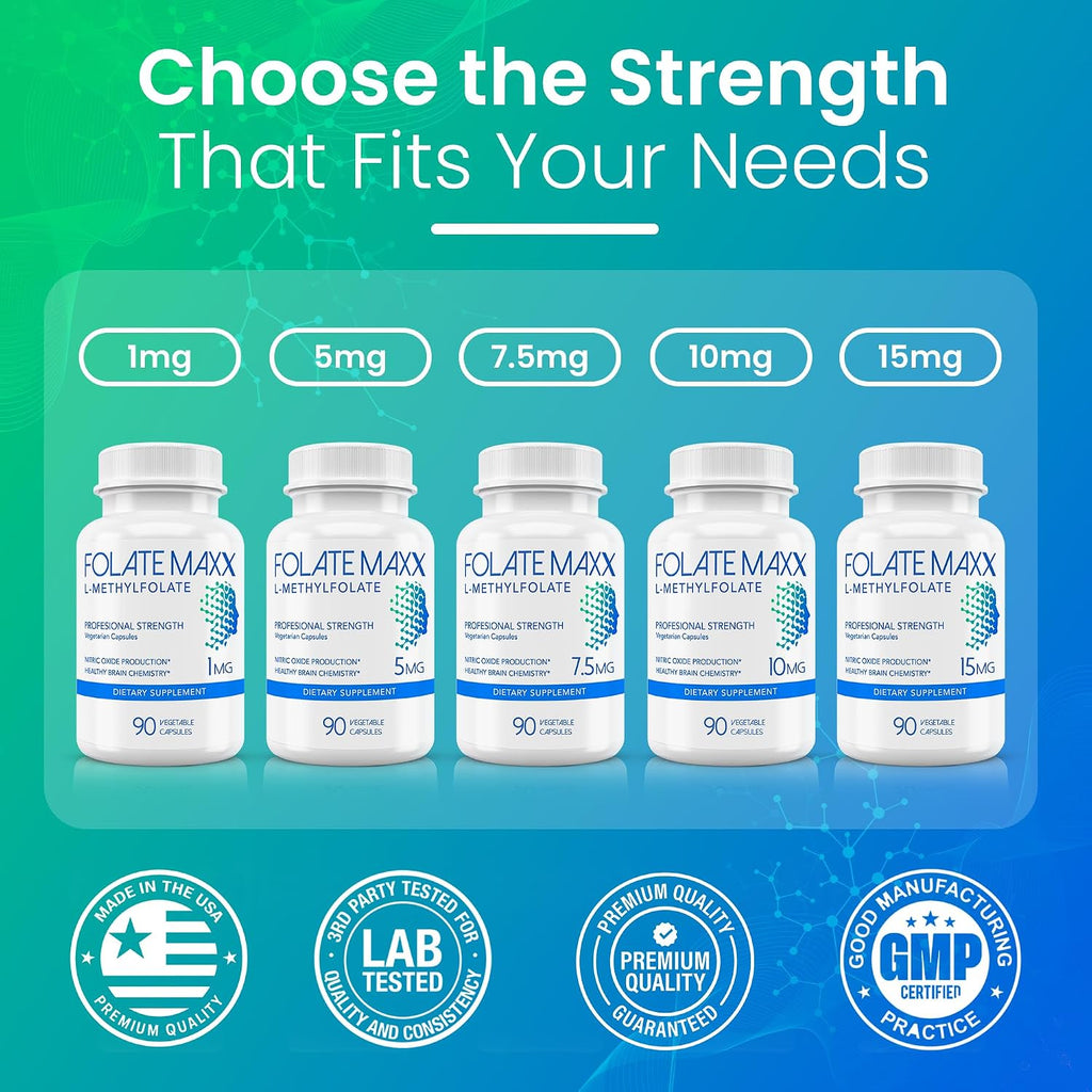 FolateMaxx L-Metilfolato 10mg, 90 Cápsulas - Suplemento de Metilfolato Activo para Hombres y Mujeres