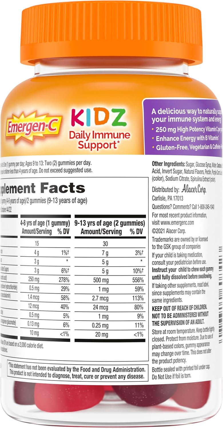 Emergen-C Kidz Gomitas de Apoyo Inmunitario con Vitamina C y B, Sabor Berry Bash, 44 uds
