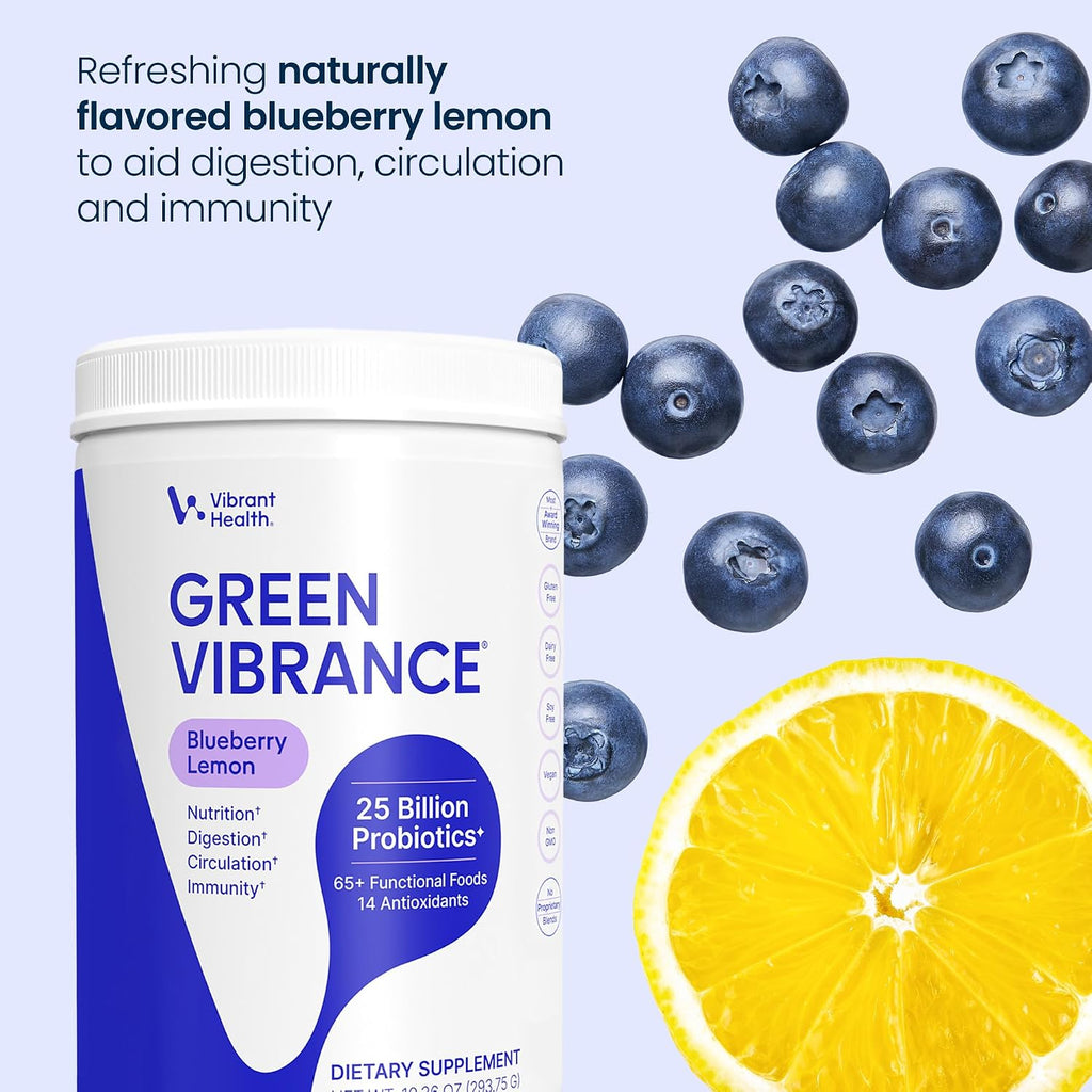 Vibrant Health Green Vibrance, Superfoods en Polvo con 70+ Superalimentos y 25 Mil Millones de Probióticos, Sabor Limón-Arándano, 25 Servicios