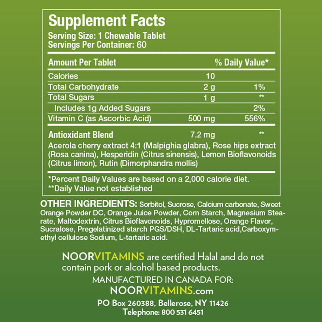 Noor Vitamins Vitamina C 500 mg Masticable con Escaramujo y Antioxidantes - 60 Comprimidos Sabor Naranja - Halal, Vegano, Sin Gluten