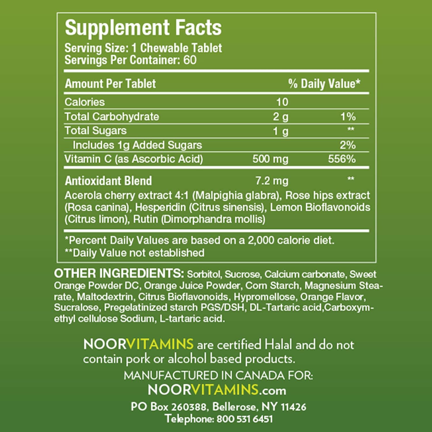 Noor Vitamins Vitamina C 500 mg Masticable con Escaramujo y Antioxidantes - 60 Comprimidos Sabor Naranja - Halal, Vegano, Sin Gluten