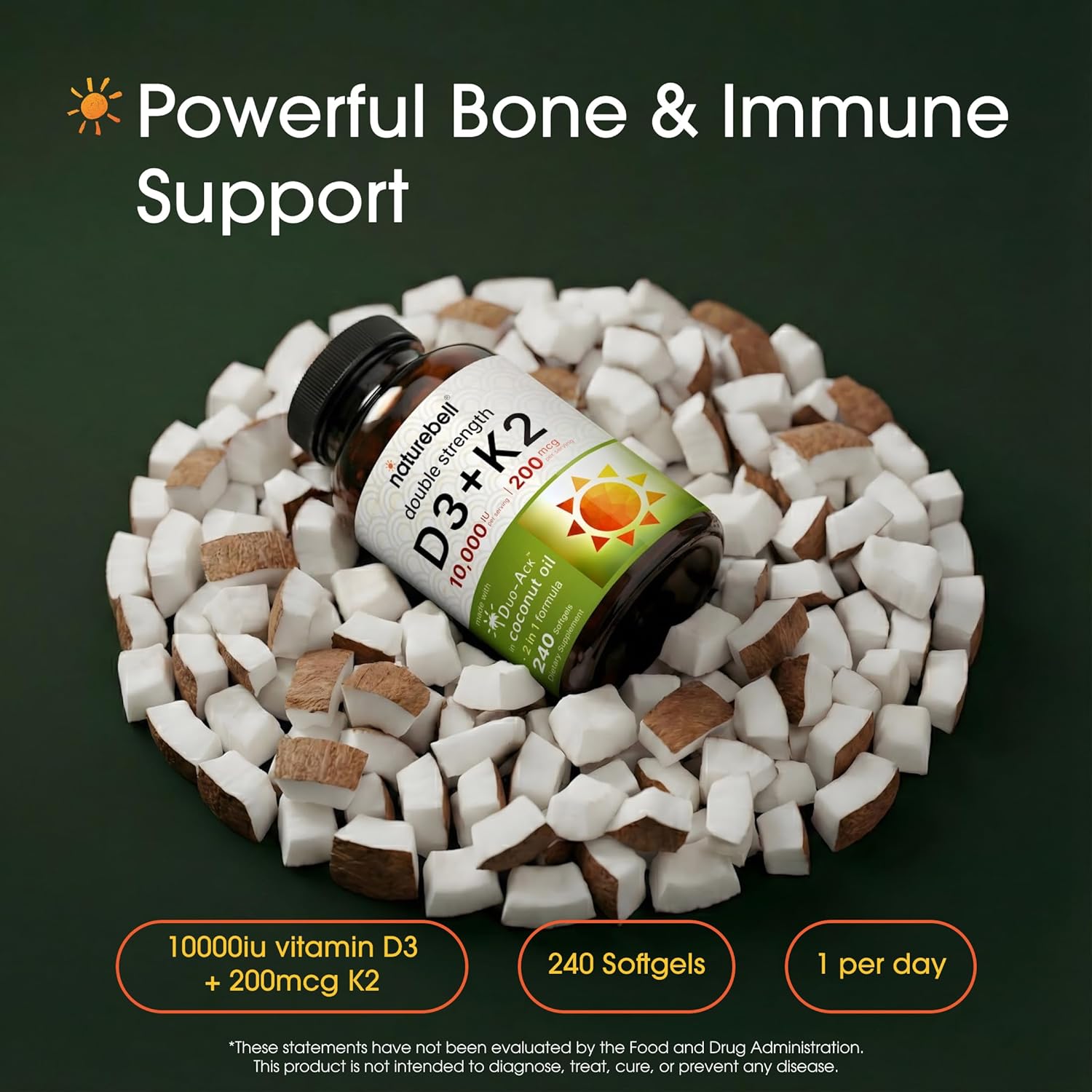 NatureBell Vitamina D3+K2 10.000 UI + 200 mcg MK-7 - 240 Cápsulas Blandas