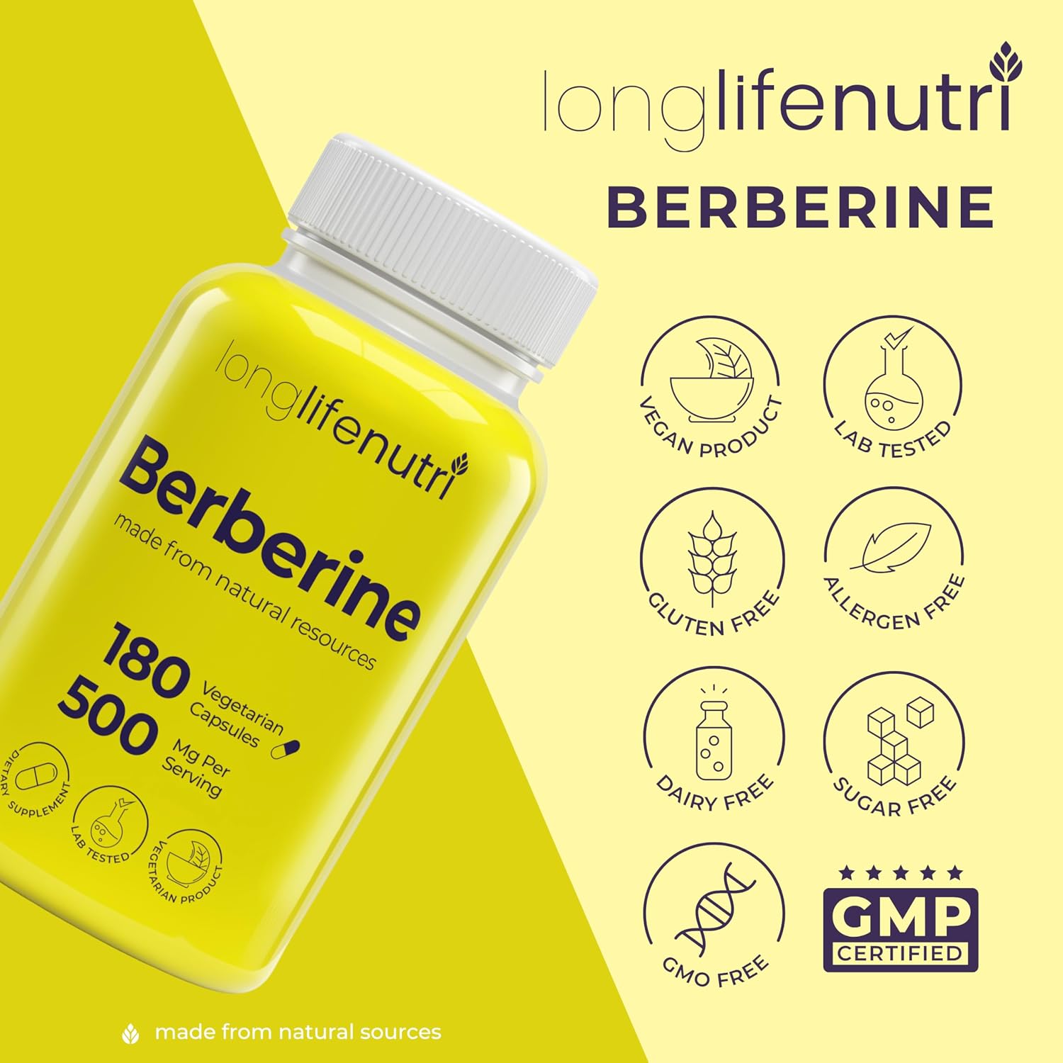 LongLifeNutri Berberine 500 mg – 180 Cápsulas Vegetales