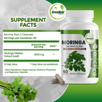 Cápsulas de Moringa Oleifera Pura - Superalimento Verde con Vitamina C, Omega 3 y Aminoácidos - 60 Cápsulas